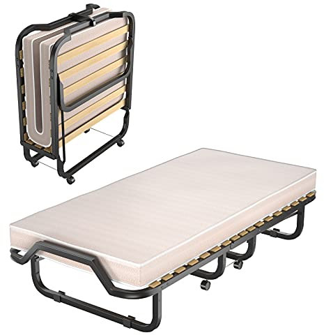 COSTWAY 90x200cm Gästebett mit Matratze aus Rückstellschaum, Klappbares Einzelbett, Stabiler Metallbett bis 120 kg, Klappbett auf Rädern, Faltbett für Camping & Gästezimmer, Tragbares Bett (Beige)