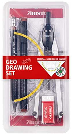 Aristo AR80090 Geo Zeichen-Set 6-teilig (Zirkel, Druckbleistift inkl. Ersatzminen 0,5mm, Pigmentliner 0,5mm schwarz, Radiergummi, Ersatz-Zirkelminen) silber-schwarz