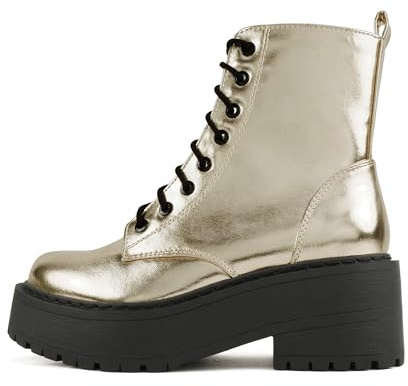 Soda FLING Women Chunky Lug Sole Lace up Fashion Combat Ankle Boot w/Side Zipper (Gold Metallic Pu, 7.5)
