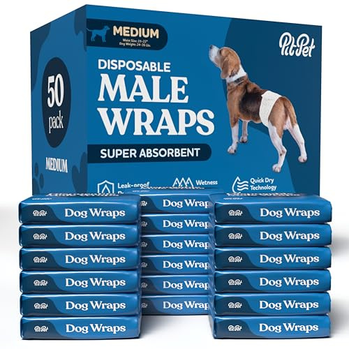 Comfortable Male Dog Diapers - 50-Pack Super Absorbent Disposable Male Dog Wraps- FlashDry Gel Technology, Wetness Indicator Doggie Diapers- Leakproof Belly Wraps for Incontinence, Excitable Urination