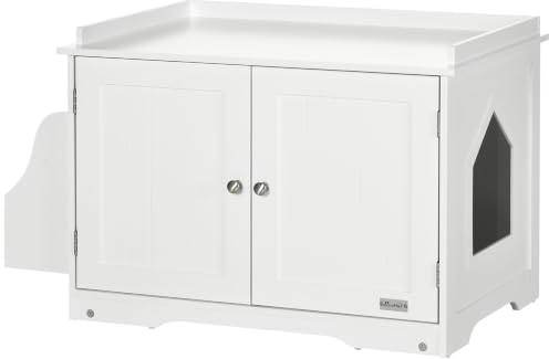 PawHut Katzenschrank für Katzentoilette Katzenklo Schrank 86x48x52cm Weiß | Mit Magnettüren, Trennwand, für Mittelgroße Katzen, Katzentoilette mit Stauraum