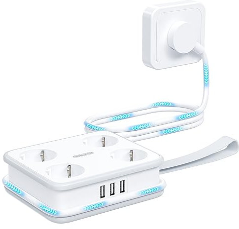 Regleta de Enchufes USB de Corriente Múltiple NTONPOWER Regleta de enchufes de 3 USB y 4 Tomas, Regletas Enchufe con Cable de Extensión de 1,6 Metros para Hogar Oficina, Blanco