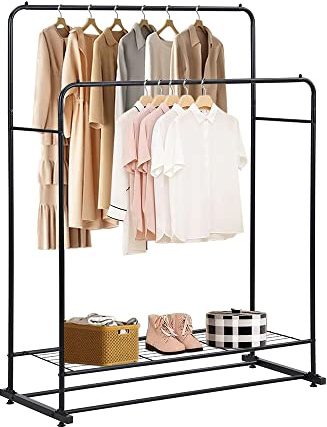 Panana Heavy Duty Double Clothes Rail Hanging Rack Garment Display Stand Storage Shelf (Black)