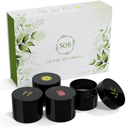 SOS Kit d’entraînement olfactif avec flacons : eucalyptus, rose, clou de girofle, citron – Exercez votre odorat et retrouvez les arômes – Aide en cas de perte d’odorat – huiles essentielles