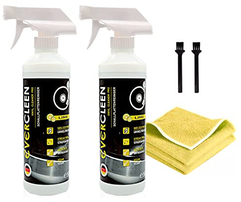 EVERCLEEN Made in Germany Vinyl Record Cleaner Pro 2 X 500 ML + 2 X panni in microfibra + 2 X spazzole – Detergente ecologico vegano per vinile e macchine per la pulizia