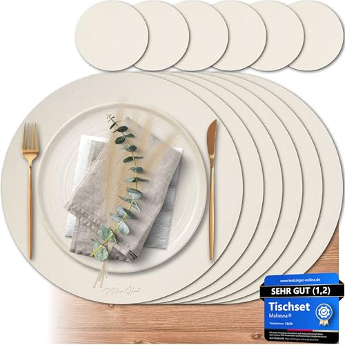 Mahewa® 6er Set Premium Tischset aus Kunstleder - Platzset abwaschbar und wasserdicht - Platzdeckchen Telleruntersetzer in Lederoptik (Cremebeige, Rund)