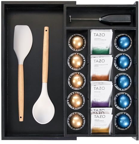 KitchenEdge Organizzatore per cassetto da cucina per bustine di tè e caffè, espandibile da 10 a 17 pollici, 10 scomparti per accessori con inserti a parete regolabili, 100% legno di bambu