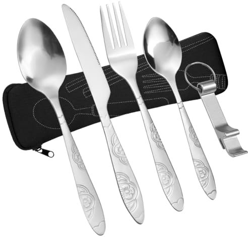 Vicloon Set di Posate con Custodia Portatile, 5 Pezzi in Acciaio Inossidabile con Apribottiglie, da Viaggio Coltello Forchetta Cucchiaio per Campeggio Picnic Scuola Pranzo (Fiori Neri)
