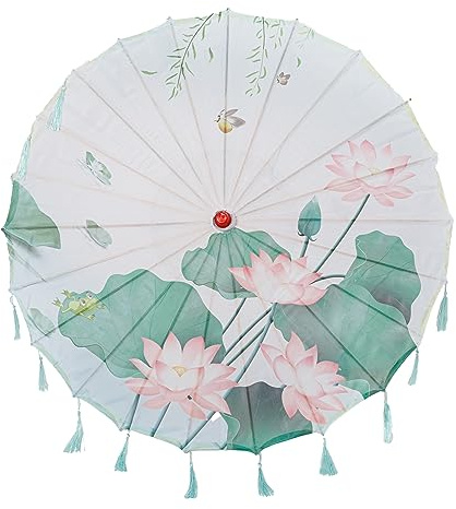 THY COLLECTIBLES Classic Chinese Art Asian Style 33 Silk Parasol Umbrella with Tassels for Wedding Parties, Photography, Costumes, Cosplay, Decoration And Other Events (White with Lotus)