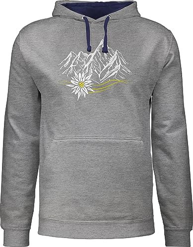 Pullover Herren Frauen Hoodie Kontrast zweifarbig - Kompatibel mit Oktoberfest - Edelweiß Berge Wandern Wanderlust Berg ruft Alpen - S - Grau meliert/Navy Blau - bayrische bergen hoddies bayrisch