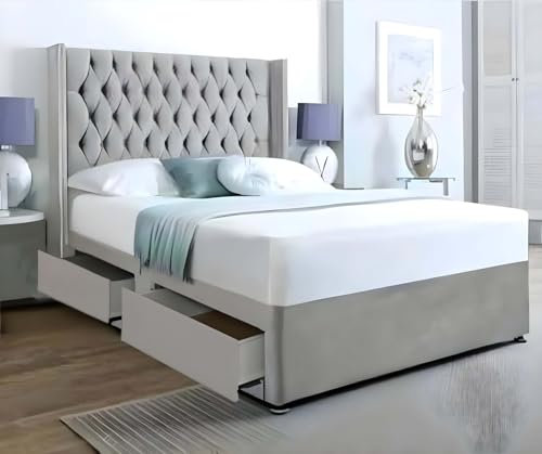 Divan Beds Deals - Parka Grey Plush Divan King Size Bed | Luxurious Bedroom Furniture Bed Frame with 10’’ Mattress & 48’’ Floorstanding Wingback Chesterfield Headboard | 2 Storage Drawers (5FT King)