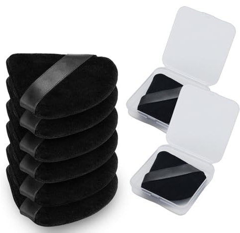 Mezrkuwr 6 borlas triangulares con 2 estuches de viaje, borla de polvo de fijación para polvos faciales e base, esponja de terciopelo suave para maquillaje en polvo suelto, color negro
