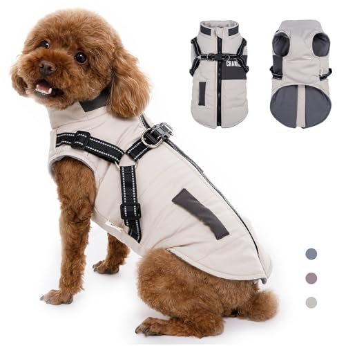 RUYICZB Hundejacke Mit Geschirr, Wasserdichter Warmer Hund Wintermantel Für Kleine Mittel Große Hunde, Warme Hundemantel Für Labrador Chihuahua Französische Bulldogge,Beige,XL Chest 18.8