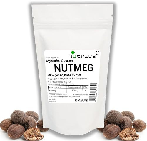 Nutrics® Nutmeg 600mg x 90 Vegan Capsules (1 Month Supply) Myristica Fragrans Seed Ground Spice Jaiphal Houtt Suitable for Vegan Vegetarian