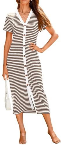 BTFBM Women Casual Summer Dresses Short Sleeve Striped Midi Dresses Decorative Button Ribbed Knit Party Dress(Brown,Medium)