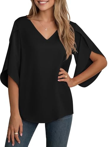 YGJIEGENG Blusa De Verano Mujer Camisa Elegantes de Manga 3/4 con Cuello en V Casual Chiffon Manga Corta Ferroso L