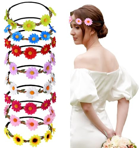 Andibro 8pcs Serre-Têtes À Fleurs,Cheveux De Couronne De Fleurs De Marguerite Couronne De Fleurs Élastique Bandeau Tournesol Multicolore Coiffure À Fleurs Pour Femmes Enfants Bord Mer Mariage Festival