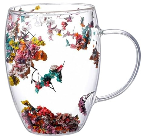 Double Wall Glass Coffee Mugs 300ml Insulated Double-Walled Glasses with Rounded Rim & Handle Glass Coffee Mugs for Tea, Lattes, Espressos Gift (Leaves Pattern)