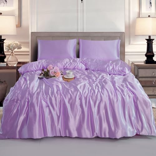 Hadi London Slik Satin Duvet Cover Sets - Luxurious Bedding with Zip Fastening - Soft and Breathable Quilt Cover with 2 Pillowcases - Available in Single, Double, and King Sizes (LILAC, KING)