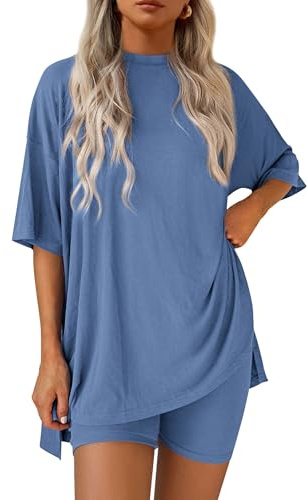 PRETTYGARDEN Women's Two Piece Lounge Set 2025 Summer Casual Oversized Shirts Biker Shorts Matching Airport Travel Outfit (Blue,Medium)