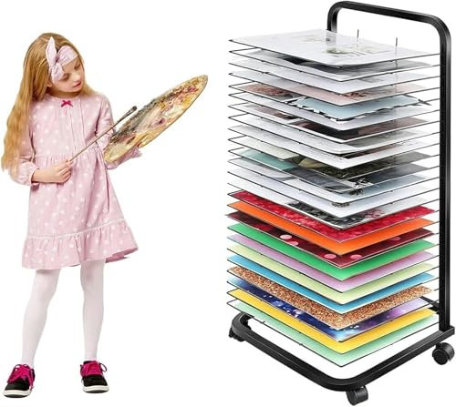 FLTRGO Kunst-Trockenständer für das Klassenzimmer, funktionaler und mobiler Farb-Trockenständer, 25/35 herausnehmbare Regale, Leinwandständer zur Kunstaufbewahrung, Gemälde-Trockenständer mit Rädern