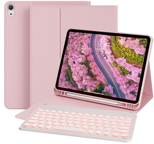 GKABXY Case with Keyboard for iPad Air 11 inch (M2/M3/M4) 2024/2025/2026, iPad Air 5th/4th Generation 10.9 inch With Pencil Holder, 7 Colors Backlit Detachable Bluetooth Keyboard case, Pink