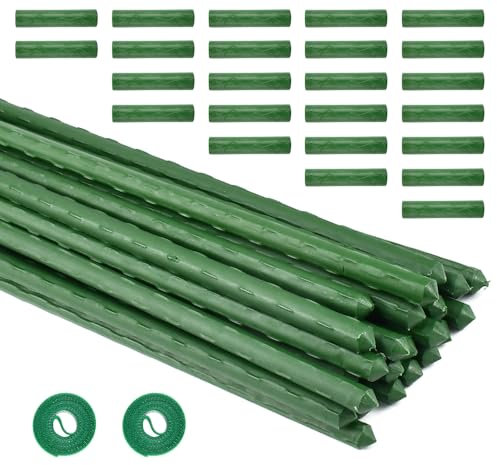 EUIEUT 24 PCS Tutores para Plantas, Estacas de Jardín para Plantas de Acero plastificado Ø11mm*40cm, con 24 Extensores y 2 Rollos de Cinta de Gancho y Bucle de 10mm*1m, para Las Plantas Trepadoras