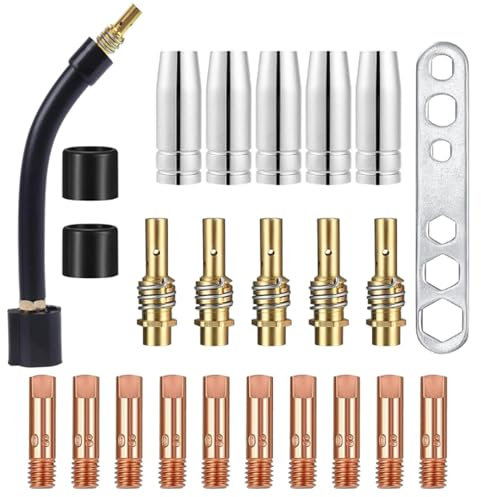 24 Stück Verschleißteile Set：Hochwertiges Kupfer Glattes Schweißen MB15AK MIG Schweißbrennerdüse Düse 5x Gasdüse 5x Düsenstock 10x Stromdüse M6 0,8 mm 2x Isolator 1x Werkzeug 1x Brennerhals