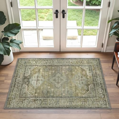 GENIMO Small Vintage Rugs 60x90cm,Washable Rug Foldable Floral Print Thin Rugs Non Slip Carpet for Entryway Bathroom Bedroom,Muted Earthtones Green