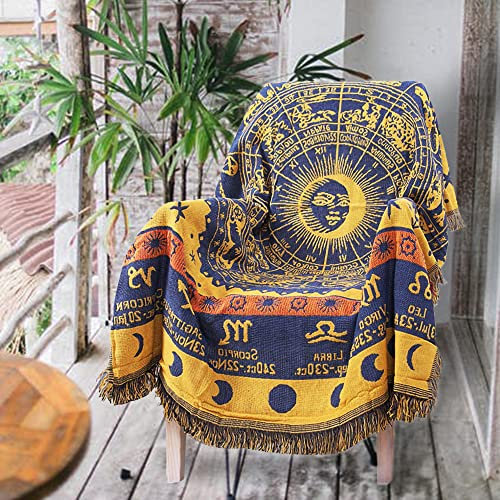 AMIDA Hippie Throw Blanket Sun Moon Stars Boho Throw Blankets Celestial Tapestry Double-Sided Reversible Woven Cotton Home Decor Bedding Chair Couch Recliner Cover Oversized Tassels Astrology 70x90