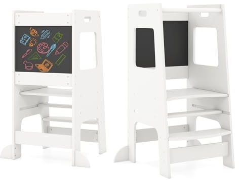 DREAMADE Lernturm ab 1 Jahr, Tritthocker Holz mit doppelseitiger Tafel, Learning Tower Höhenverstellbar, Lernturm Kinder mit Sicherheitsschiene, belastbar bis 60kg (Weiß)