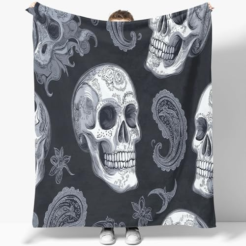 Manta 220 x 240 cm Gótico Cachemir Calavera Blanco Gris, Mantas De Franela Lana Ligeras Y Cómodo, Manta con Estampado Cálido Y Esponjoso para Sofá Cama Viajes