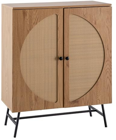 FineBuy Kommode 80x39x103 cm Eiche-Dekor Rattan mit 2 Türen | Highboard mit 6 Türfächern und Wiener Geflecht, Sideboard mit Stauraum für Flur und Wohnzimmer
