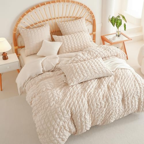 AShanlan Musselin Bettwäsche 200x200 Beige Kariert Seersucker Bettbezug Set 3 Teilig Aesthetic Geometrische Microfaser Kühlende Doppelbett Deckenbezug und 2 Kissenbezüge 80x80 cm mit Reißverschluss