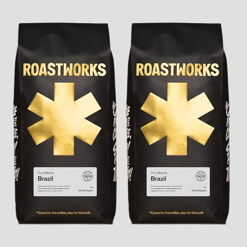Roastworks | Brazil Whole Coffee Beans | 2 x 1kg | Features 2 x 1kg with smooth chocolate pieces with a rich cocoa shell and flavoured centre.