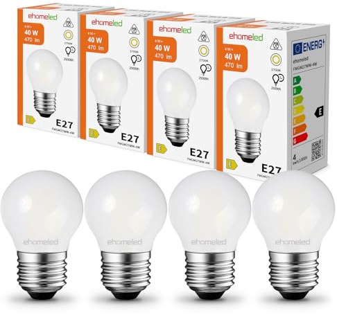 E27 LED G45 Mini Glühbirne 4W ersetzt 40W Glühlampe, Warmweiß 2700K 4 Stück | 470LM E27 LED Warmweiss Tropfenlampe, Nicht Dimmbar, Opalglas & Retro-Filament Blendfreie LED Lampe für Schlafzimmer & Hotel