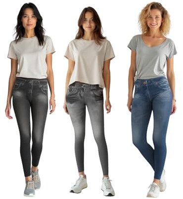ShopINess Lot de 3 Jeggings Femme Effet Jean – Leggings Élastiques et Gainants sans Couture – Pantalons Confortables Taille Haute sans Fermeture – Bleu, Noir et Gris (XXL-3XL)