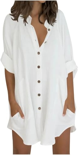 Camicie lunghe da donna con maniche 3/4, stile casual, larghe, con bottoni, collo alto, tunica con tasca, blusa leggera in lino e cotone per l'estate, per la spiaggia, taglie forti, 56/61 cm, bianco