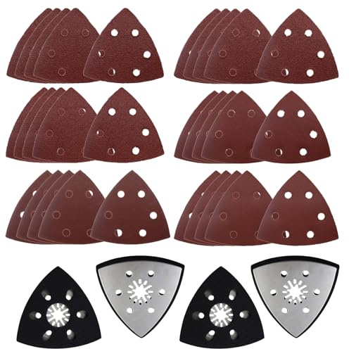 MIPIACE 4 Pezzi Multiutensile Platorello con 30 Pezzi Carta Vetrata Triangolari Carta Vetrata per Levigatrice 6 Fori Levigatrice Triangolare Cartas 40/60/80/120/180/240 per Legno Metall Levigatura