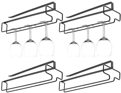 SAMGUYUE 4PCS Wine Glass Holder, Stemware Rack Hanger Under Cabinet, Hanging Glass Storage Rack Organizer for Kitchen Bar, Black