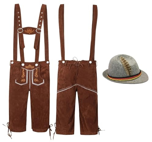 Trachtenhose Herren, Trachten Lederhose Herren Braun Trachtenlederhose Kurz Mit HosenträGer Trachtenhose FüR Trachtenhut Trachte Jogginghose FüR Oktoberfest Outfit, XL