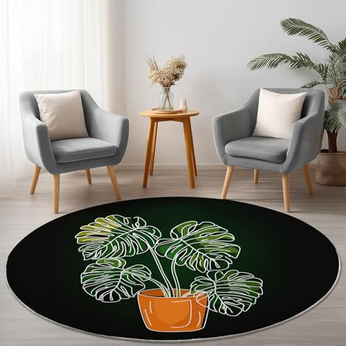 Black Green Round Rug Not Easy to Fade Easy Care, Simple Monstera Floral Pots Short Pile Floor Carpet for Living Room Study Dorm Decor, ø 90 cm Rugs Non Slip Machine Washable Soft Flannel Mat