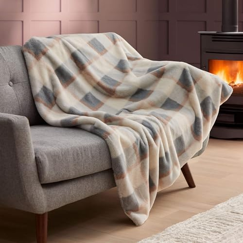 Silentnight Snugsie Faux Fur Blanket - Snuggly Velvety Soft Feel Throw - Warmth Huggable Comfort - Cosy & Stylish Blanket for Whole Family Sofa Couch Bed - Machine Washable, 130x180cm, Natural Check