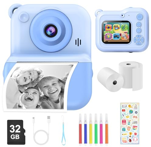 Dusefogo Appareil Photo Instantané Enfants,1440P Appareil Photo Numérique Enfant Caméra Vidéo avec Carte de 32GB Rouleaux de Papier d'impression Cadeau Garçons pour Garçons Filles de 3-12 Ans(Bleu)