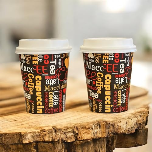 HOT BARGAINS 500 x 8oz/ 230ml Single Wall Brown Printed Paper Cups with lids for Hot & Cold Drinks Premium Disposable Coffee/Tea Paper Cups Perfect for Your Home, Café (500, 8oz/ 230ml)