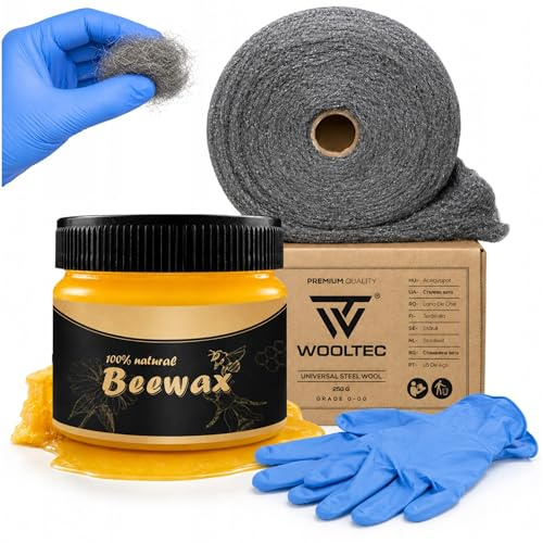 BeeWax Möbelwachs 80g + WOOLTEC Stahlwolle 1kg – Holzpflege Möbelpolitur | Natürliche Pflege mit schützender Oberfläche für Holz