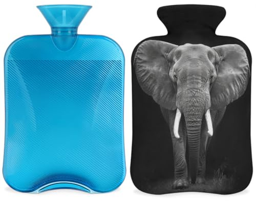 African Elephant Hot Water Bottle with Cover, Elephant Pattern 2L Hot Water Bag for Pain Relief, Neck Soft and Shoulder, Hand Feet Warmer, Hot and Cold Compress for Adult Kids