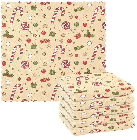 FRODOTGV Bastones de caramelo de Navidad de color beige, paños de secado de acebo, toallas de cocina, reutilizables, trapos de cocina, utensilios de cocina, 6 piezas, 11 x 11 pulgadas