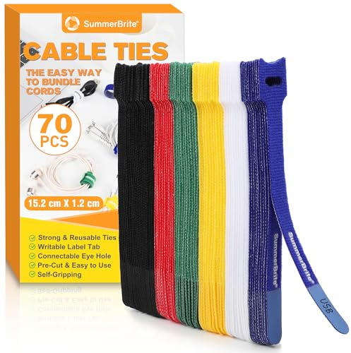 Summerbrite 70 Pezzi di Fascette da 15 cm, 6 Colori | Etichetta Scritta a Mano, Fascette Riutilizzabili, Fascette a Strappo per Organizzare Cavi, Utensili e Cavi Dati