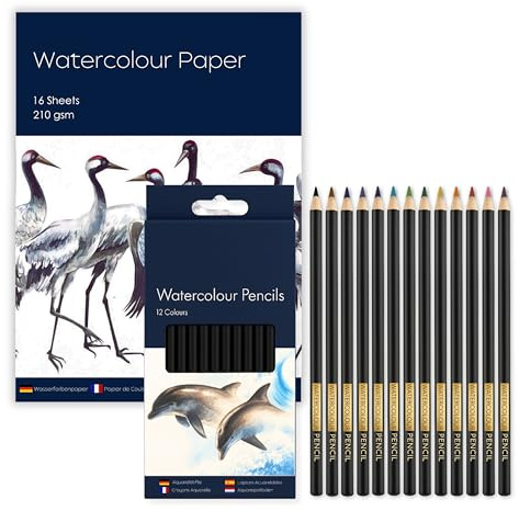Art Set with A4 Watercolour Paper Pad (210 GSM, 16 Sheets) + Watercolour Pencils Set (12 Vibrant Colours) – Ideal for Artists, Students & Beginners – Premium Art Supplies for Drawing & Painting